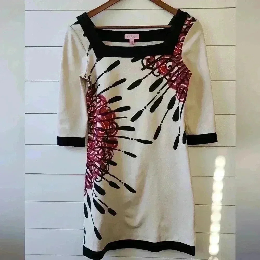 Lilly Pulitzer Cream, Black and Red 3/4 Sleeve Mid Dress Size XS